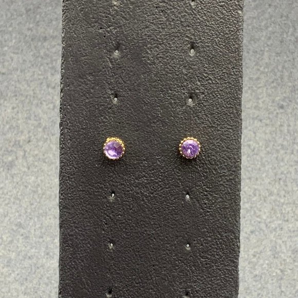 Purple Rhinestone Gold Earrings Pierced Fluted Round - Picture 1 of 3